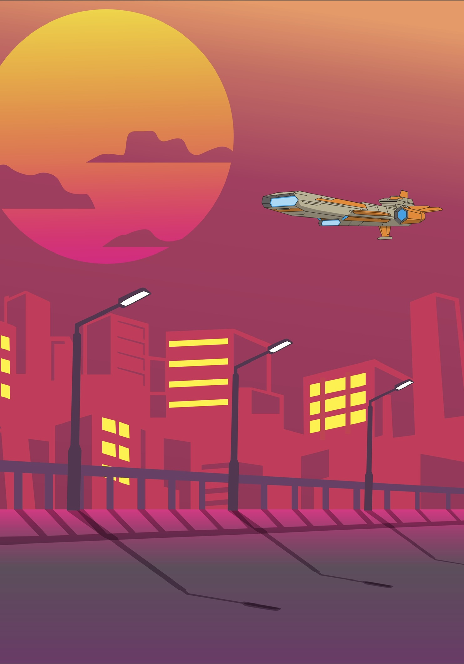 A Rangefinders ship flying above a sunset city