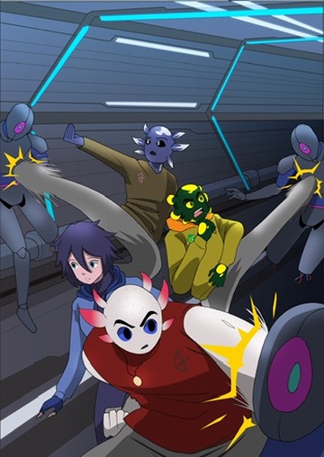 The Rangefinders fighting robots in a futuristic corridor
