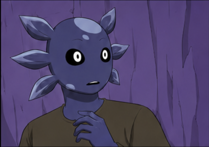 Breeze, a purple axolotl with wide eyes