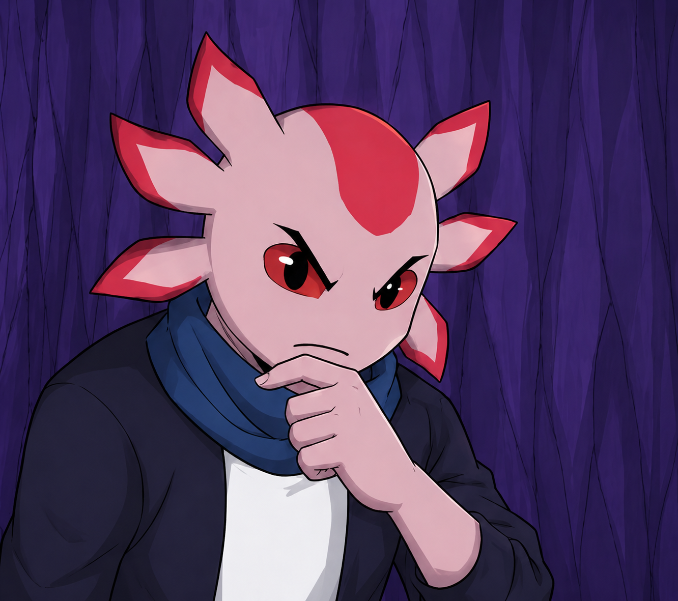 Crunch, an Axolotl Rangefinder, thinking against a purple cavern wall