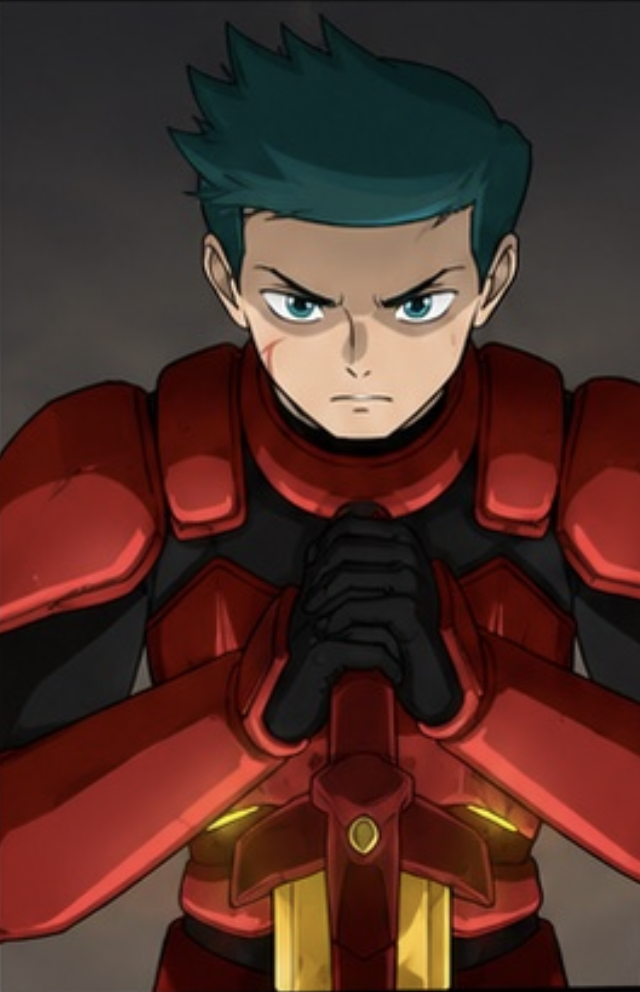 Myelin in red armor holding a sword