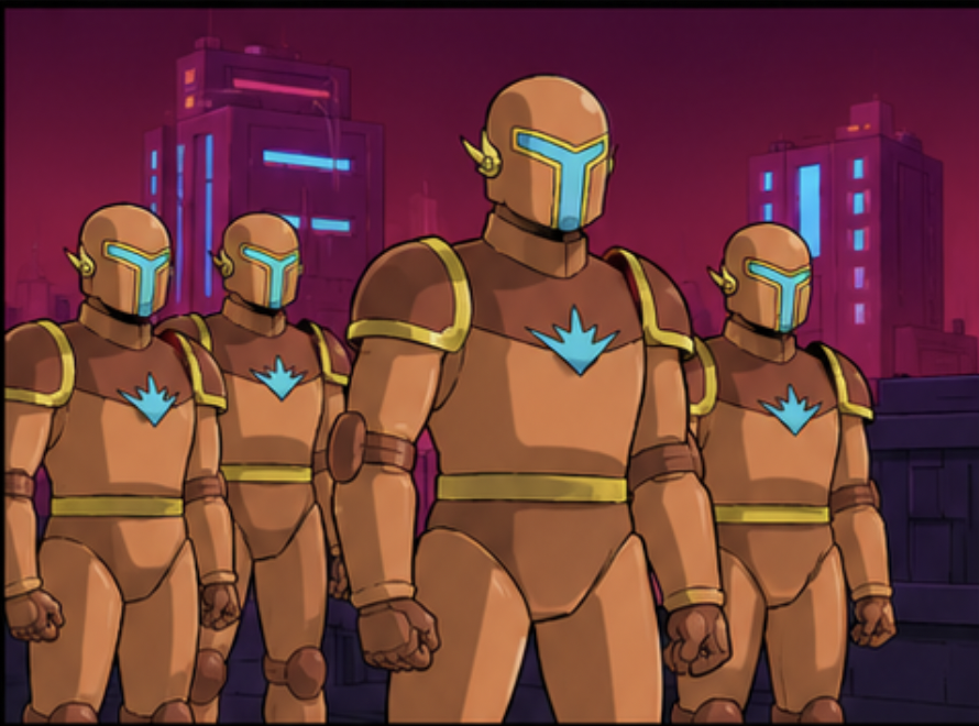 NeoDominion soldiers assembled in a neon city