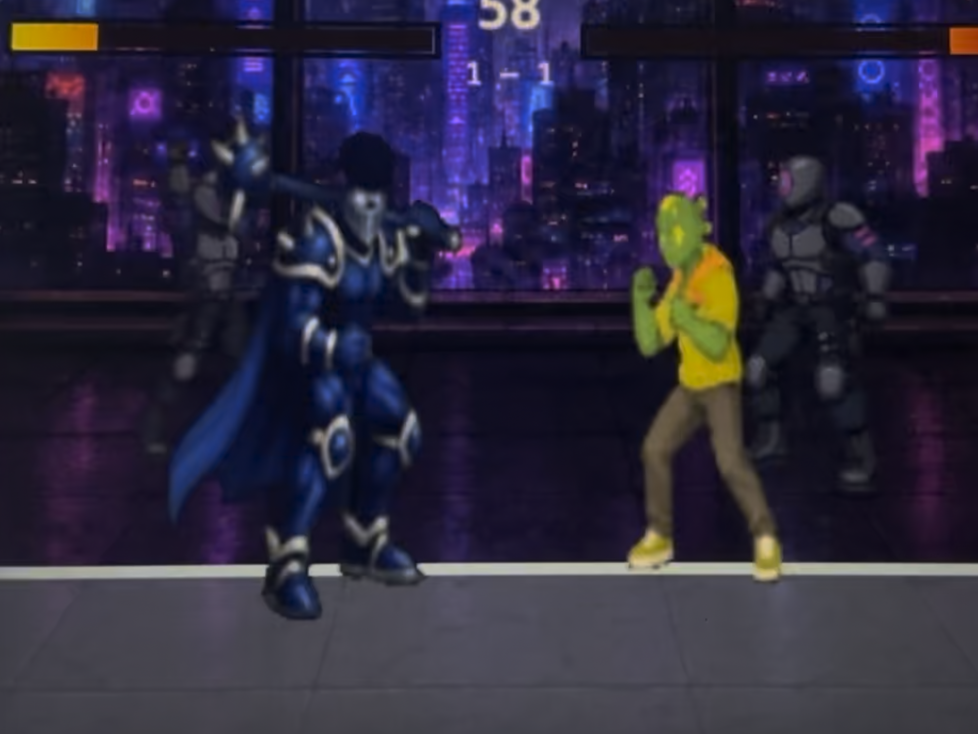 Rangefighters work-in-progress match in a neon city arena