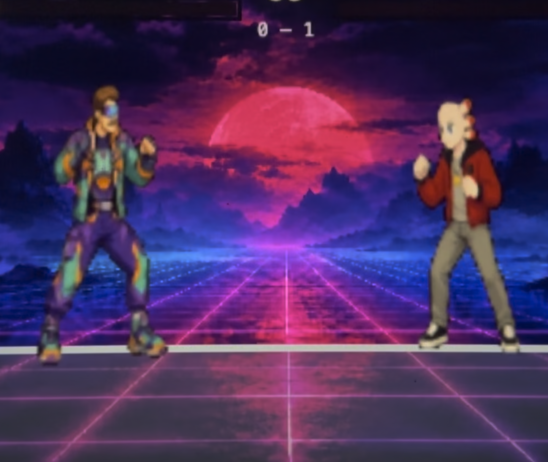 Rangefighters work-in-progress match in a vaporwave grid arena