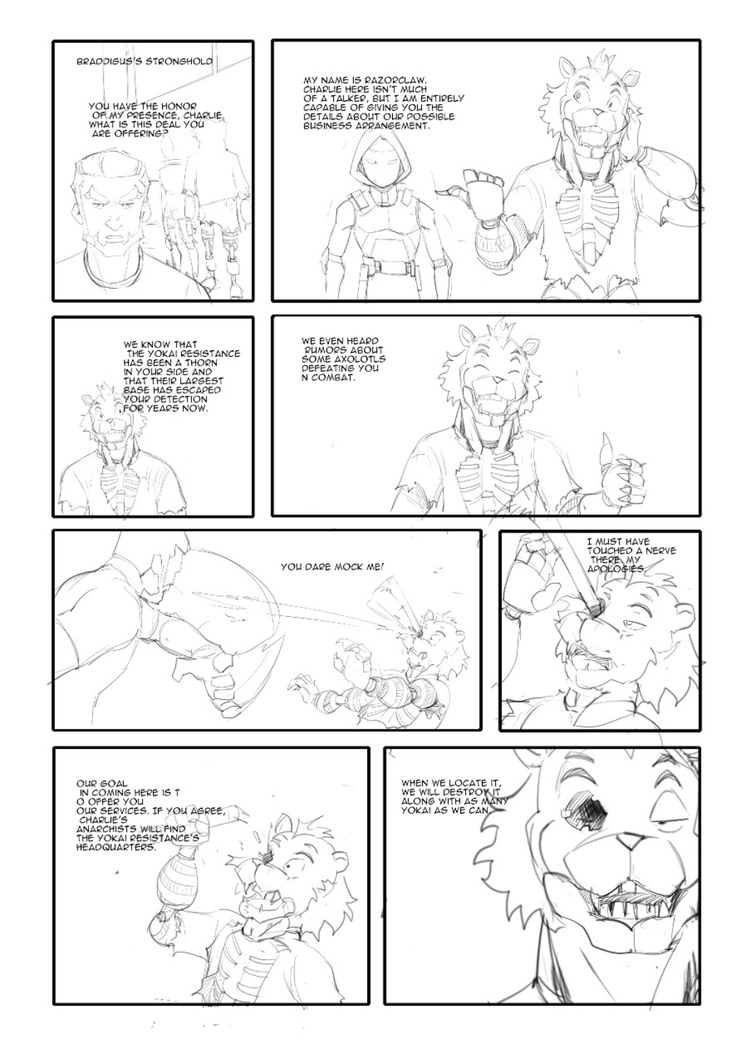 Rough draft comic page featuring Charlie, Razorclaw, and Braddigus
