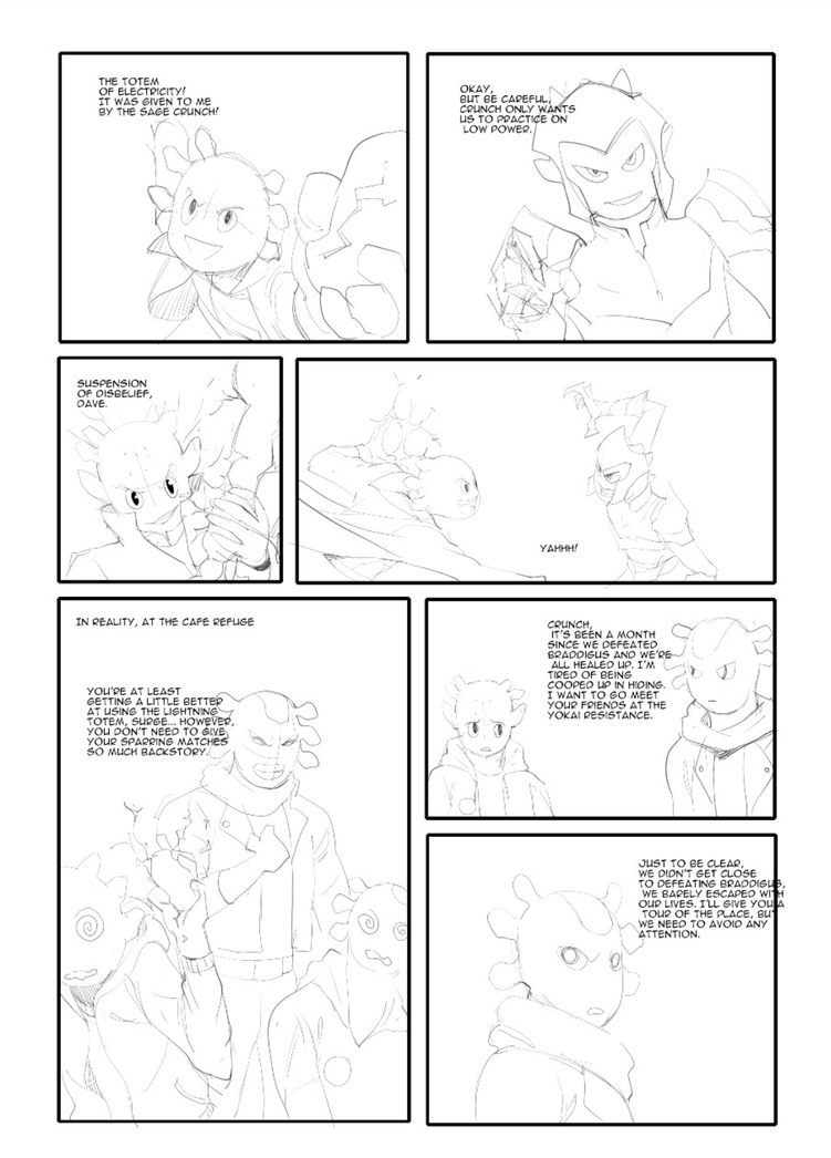 Rough draft comic page showing Surge, Dave, and Crunch practicing with the Totem of Electricity