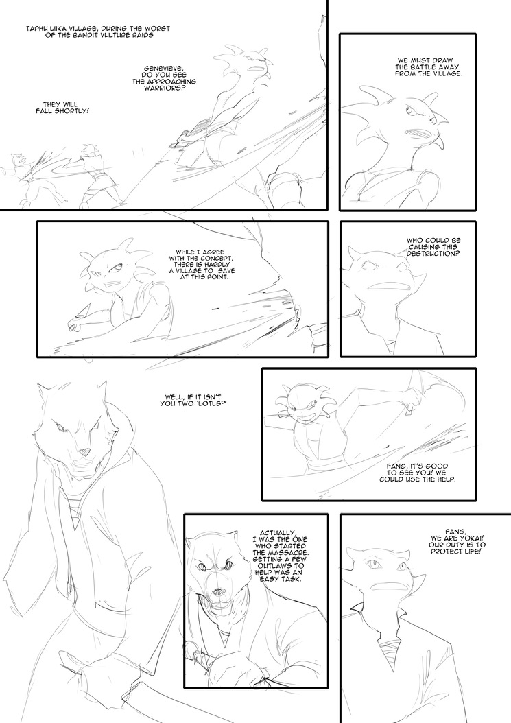 Rough draft comic page from the bandit vulture raid sequence