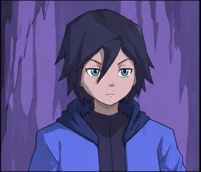 Skyon, a human-yokai hybrid with blue hair and a blue jacket